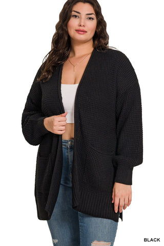 CURVY - WAFFLE OPEN CARDIGAN SWEATER - BLACK