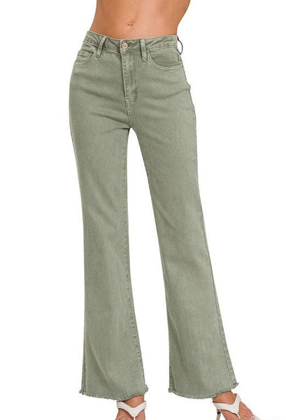 HW ACID WASHED FRAYED HEM STRAIGHT PANTS - OLIVE