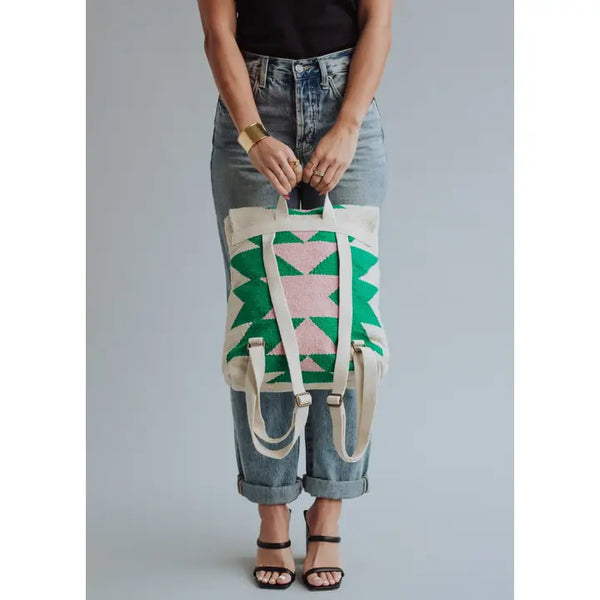 Green & Pink Woven Aztec Backpack