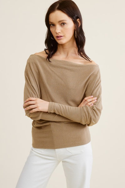 OFF SHOULDER CREPE HACHI BOATNECK TOP- TAUPE - Salty Lime Boutique