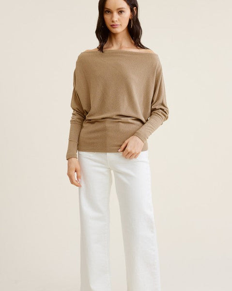 OFF SHOULDER CREPE HACHI BOATNECK TOP- TAUPE - Salty Lime Boutique