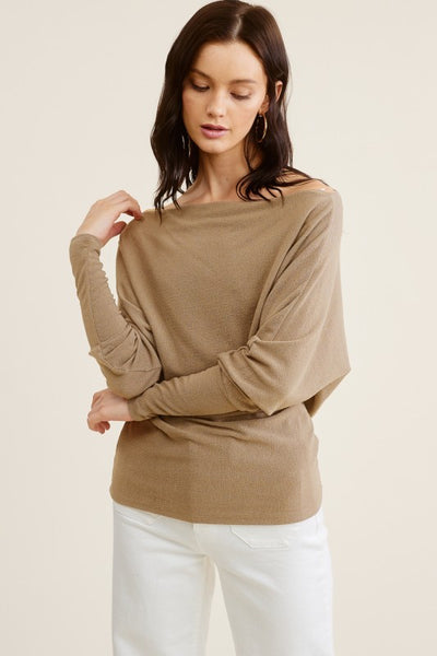 OFF SHOULDER CREPE HACHI BOATNECK TOP- TAUPE - Salty Lime Boutique