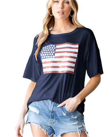 SHORT SLEEVE SEQUINS FLAG PATCH TOP - NAVY/CURVY