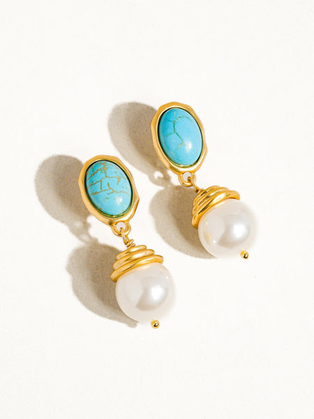 NADIA 18K GOLD TURQUOISE STONE PEARL EARRING