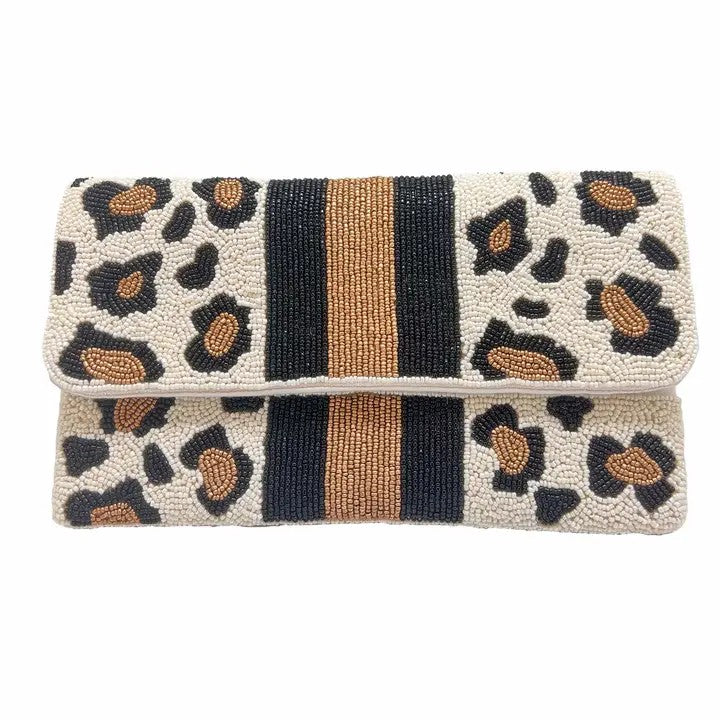 BLACK & GOLD BEADED CLUTCH- LEOPARD
