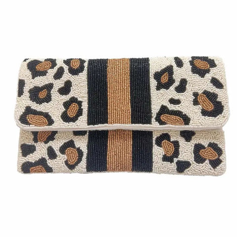 BLACK & GOLD BEADED CLUTCH- LEOPARD