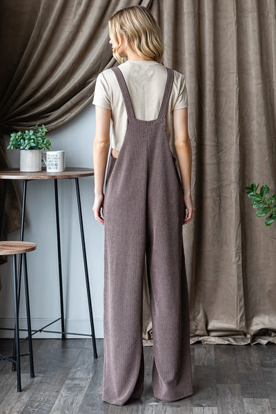 CURVY - SLEEVELESS SOLID RIBBED JUMPSUITS - BROWN