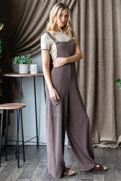 CURVY - SLEEVELESS SOLID RIBBED JUMPSUITS - BROWN