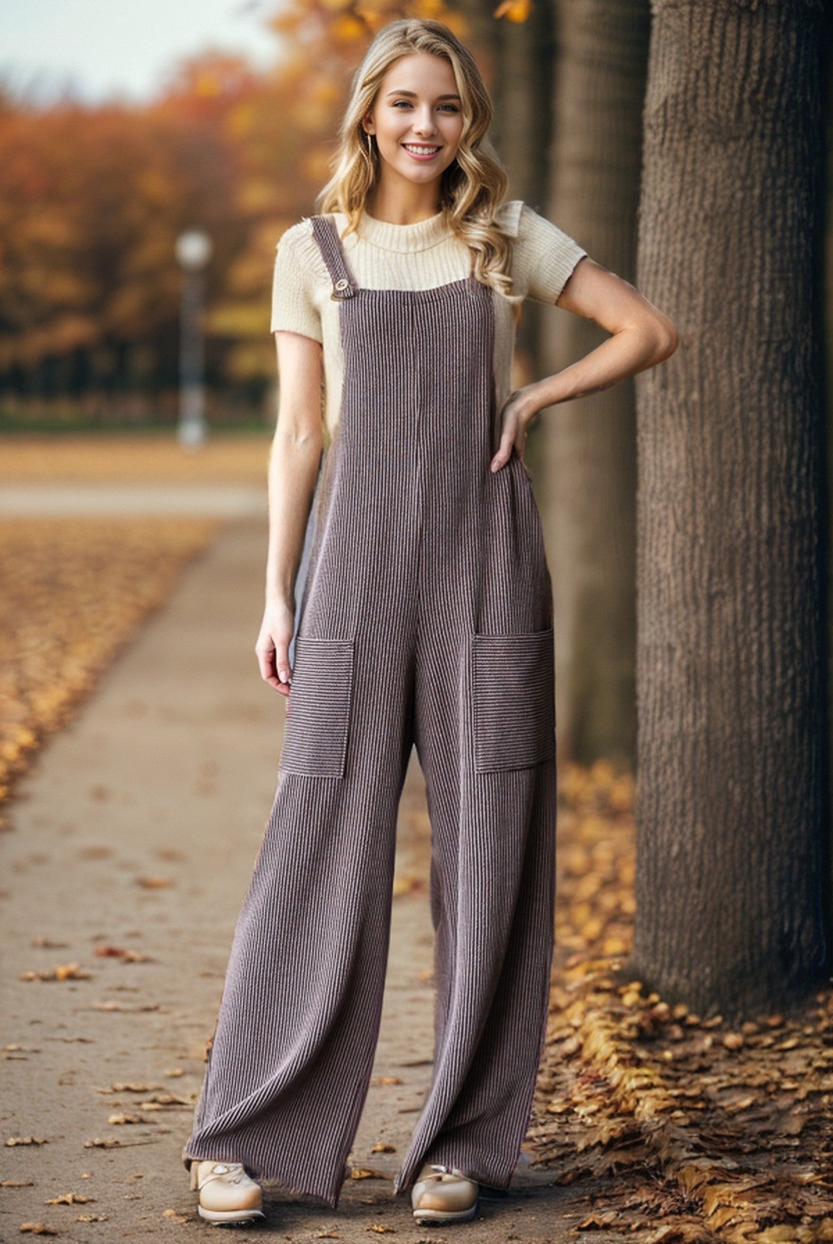 CURVY - SLEEVELESS SOLID RIBBED JUMPSUITS - BROWN