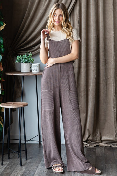 SLEEVELESS SOLID RIBBED JUMPSUITS - BROWN