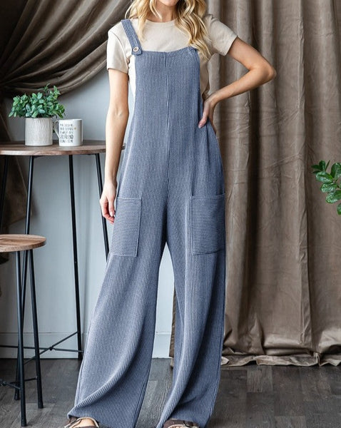 CURVY - SLEEVELESS SOLID RIBBED JUMPSUITS - DENIM