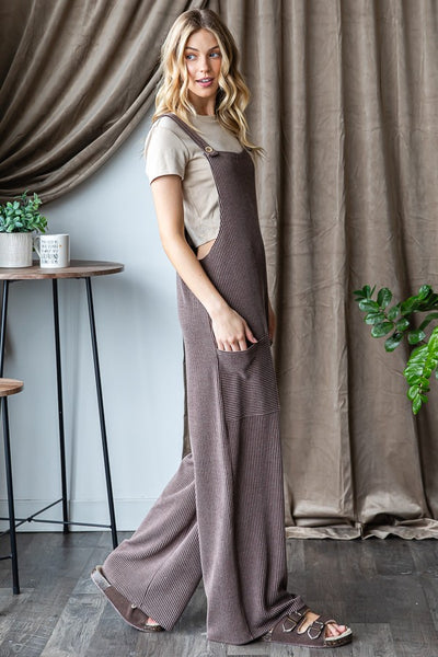 SLEEVELESS SOLID RIBBED JUMPSUITS - BROWN