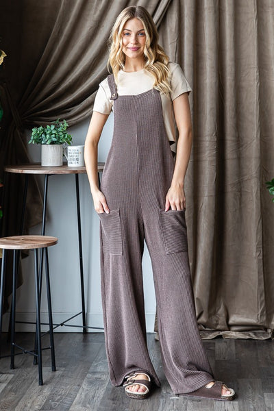 SLEEVELESS SOLID RIBBED JUMPSUITS - BROWN