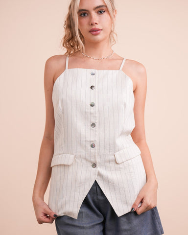 APRIL BUTTON DOWN SOLID WOVEN VEST TOP- OATMEAL