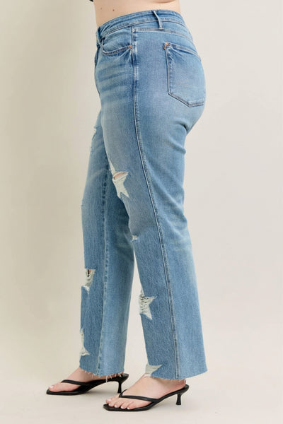 Judy Blue Jeans High Ride Rigid Magic Star Shaped Destroy 90's Straight Jeans Reg/Curvy