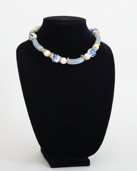 BLUE & WHITE CERAMIC BEAD NECKLACE - Salty Lime Boutique