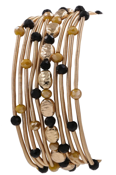 METAL COIL MULTI STRAND BEAD STRETCH BRACELET - MUSTARD/BLACK