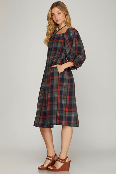 PUFF SLEEVE SMOCKED TOP CHECKERED WOVEN MIDI DRESS - NAVY -CURVY