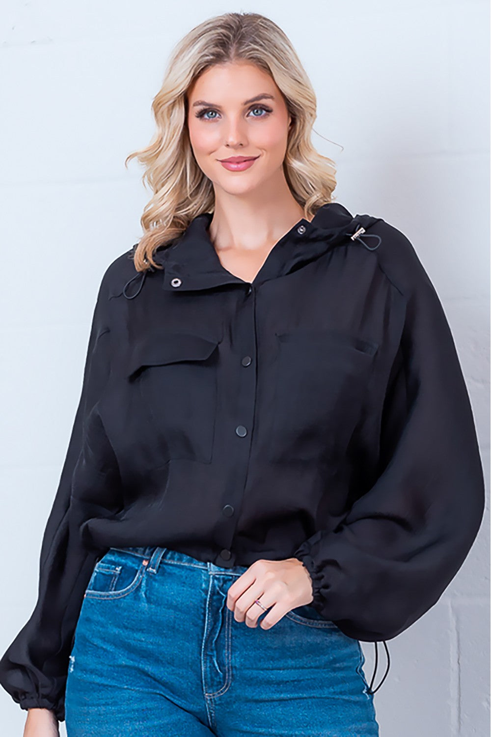 JACKIE LONG SLEEVE SNAP-UP JACKET - BLACK