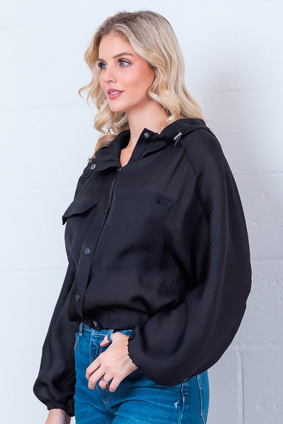 JACKIE LONG SLEEVE SNAP-UP JACKET - BLACK