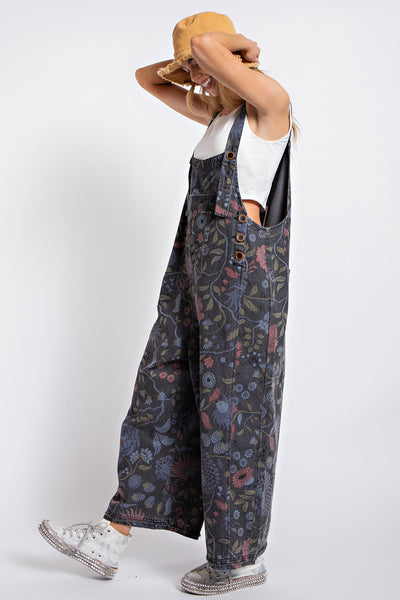 FLOWER PRINTED VINTAGE WASHED OVERALLS