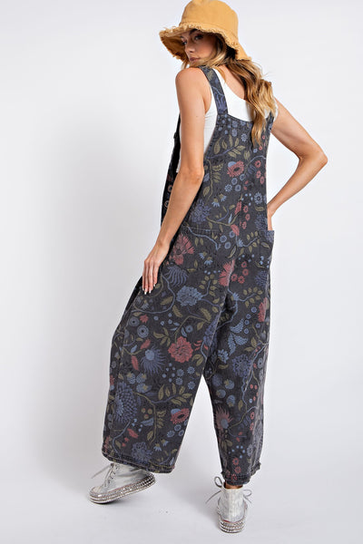 FLOWER PRINTED VINTAGE WASHED OVERALLS