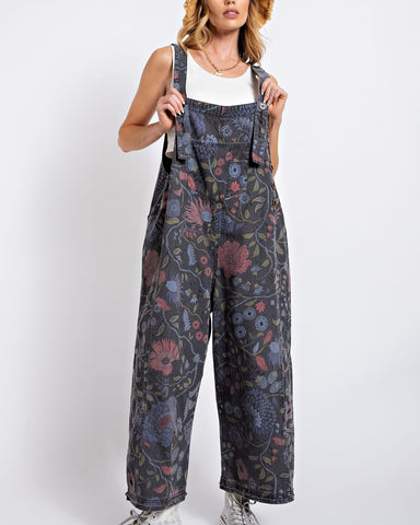 FLOWER PRINTED VINTAGE WASHED OVERALLS