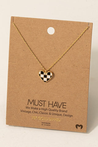 CHECKERED HEART PENDANT NECKLACE - GOLD