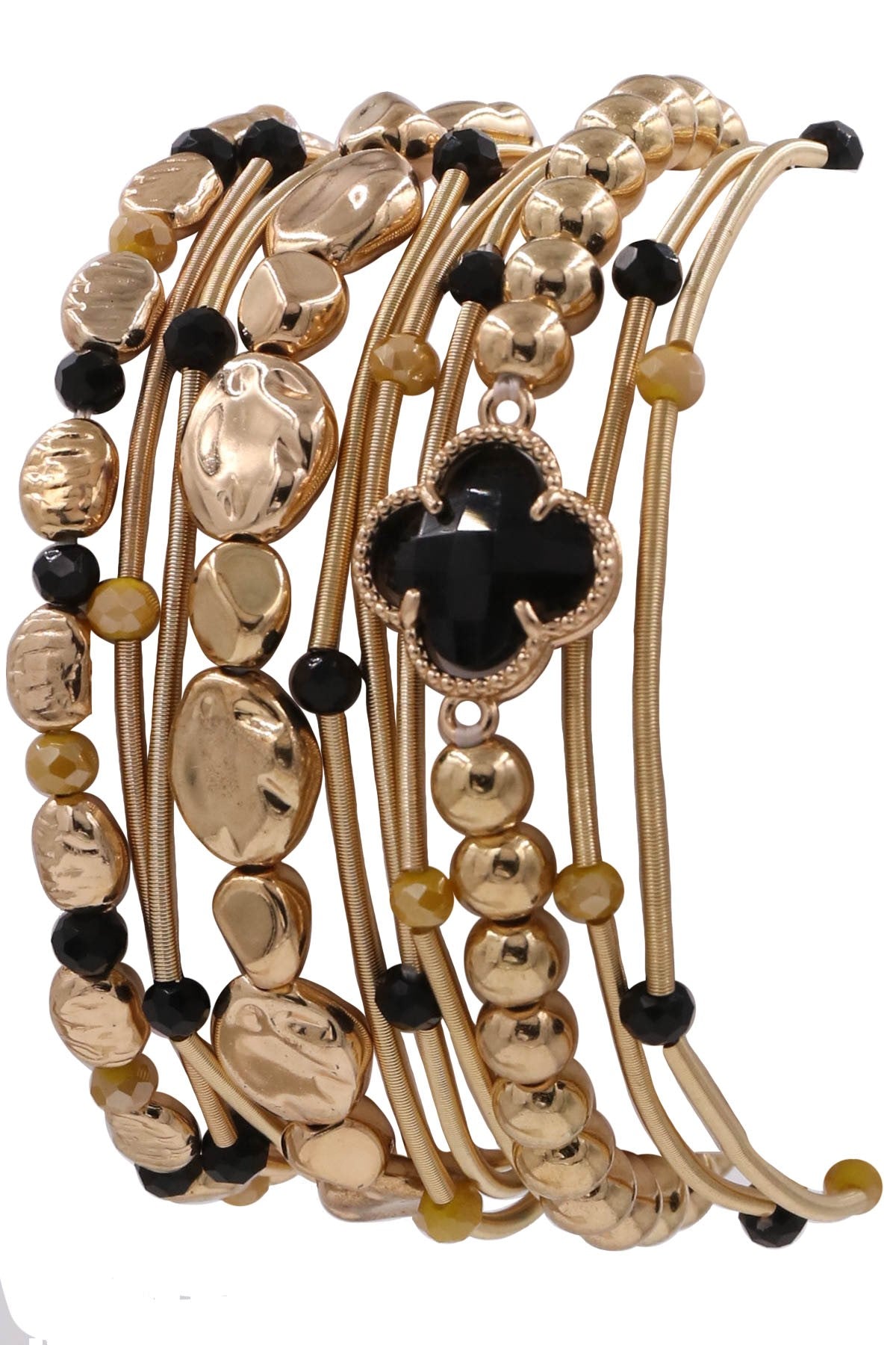 COIL MULTI STRAND BEAD STRETCH BRACELET SET - MUSTARD/BLACK