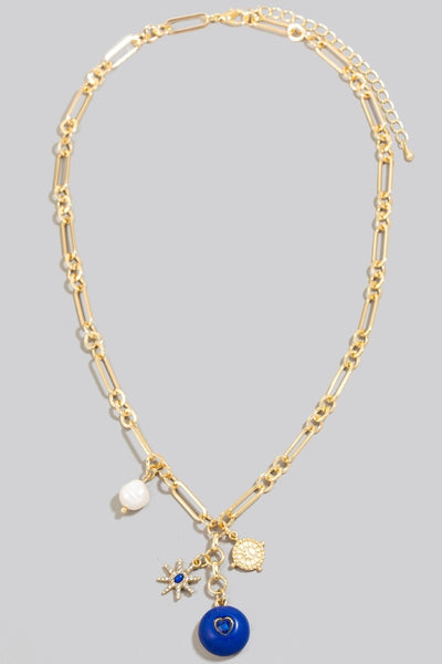 INTRICATE HEART AND PEARL CHARMS NECKLACE