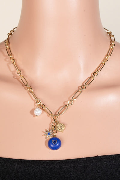 INTRICATE HEART AND PEARL CHARMS NECKLACE