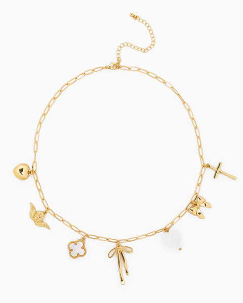 BOW MULTI CHARM NECKLACE - GOLD