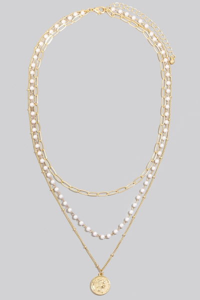 COIN PENDANT AND PEARL LAYERED CHAIN NECKLACE