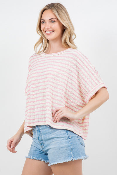 STRIPE KNIT BOXY TOP - CREAM/PINK