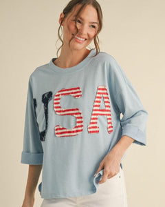 USA PATCHED TOP - LT BLUE