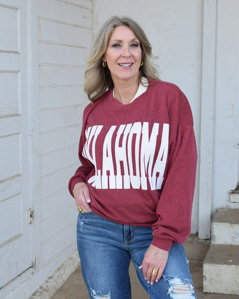 RESTOCKED OKLAHOMA RIB CORD SWEATSHIRT - BURGUNDY
