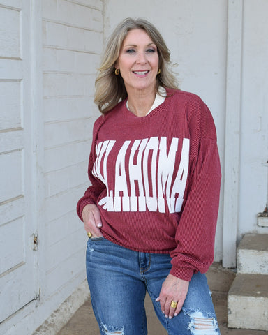RESTOCKED OKLAHOMA RIB CORD SWEATSHIRT - BURGUNDY