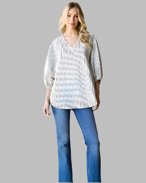 JANIE THREE QUATER SLEEVE V NECK STRIPE WOVEN TOP - IVORY