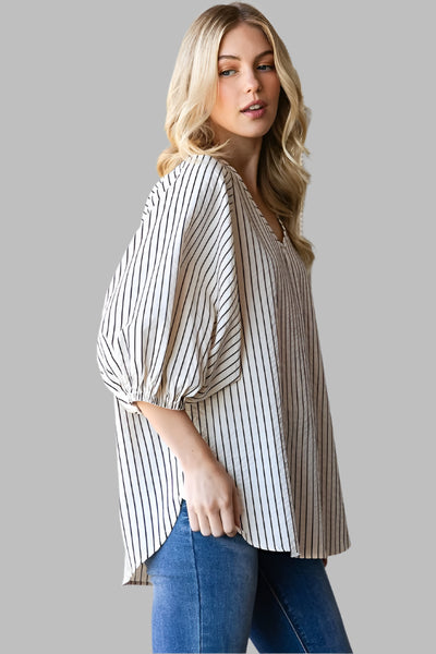 JANIE THREE QUATER SLEEVE V NECK STRIPE WOVEN TOP - IVORY