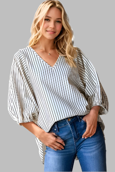 JANIE THREE QUATER SLEEVE V NECK STRIPE WOVEN TOP - IVORY