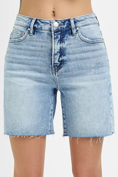 TUMMY CONTROL HIGH RISE MID LENGTH RAW CUT HEM SHORTS BY RISEN - LGT WASH