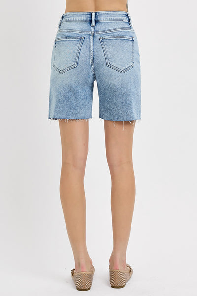 TUMMY CONTROL HIGH RISE MID LENGTH RAW CUT HEM SHORTS BY RISEN - LGT WASH