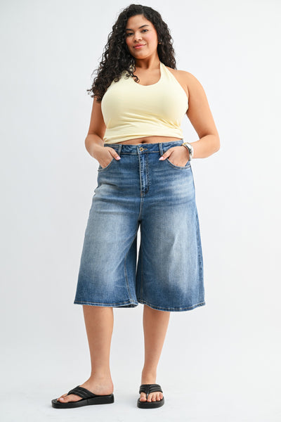 Super High Wide Bermuda Shorts by Mica Denim- Med. Wash