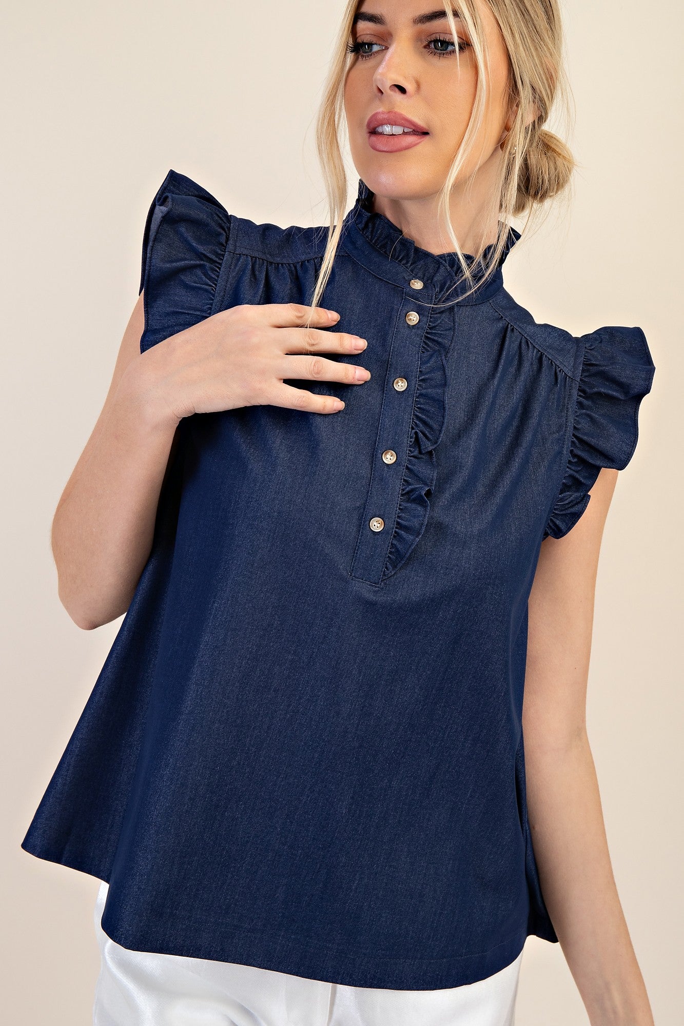 SLEEVELESS RUFFLE NECK TOP- INDIGO
