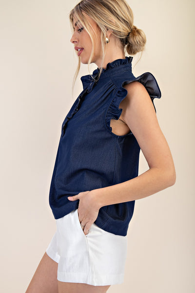 SLEEVELESS RUFFLE NECK TOP- INDIGO