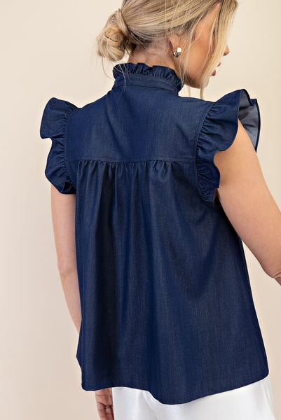 SLEEVELESS RUFFLE NECK TOP- INDIGO