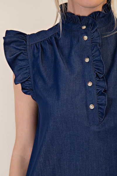 SLEEVELESS RUFFLE NECK TOP- INDIGO
