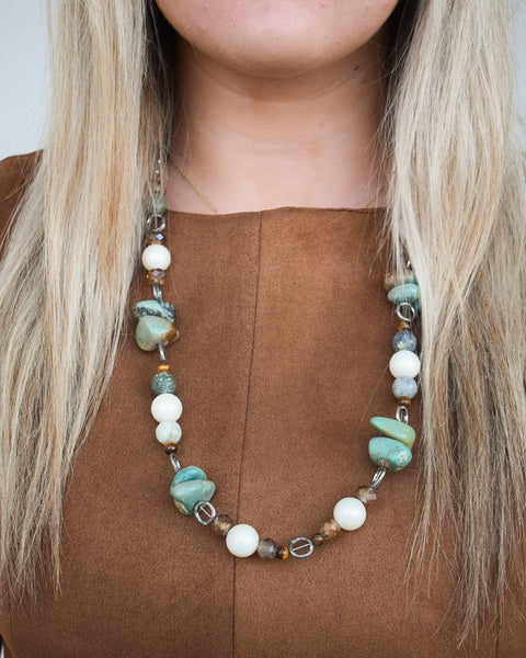 AUTHENTIC TURQUOISE NUGGET & GLASS PEARL BEAD NECKLACE - BY A RARE BIRD