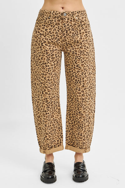HIGH RISE CROP LEOPARD PRINT BARREL CUFFED JEANS BY RISEN- CAMO - REG/CURVY