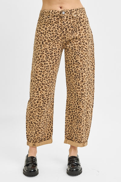 HIGH RISE CROP LEOPARD PRINT BARREL CUFFED JEANS BY RISEN- CAMO - REG/CURVY